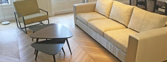 Custom sofa and coffee table in lacquer and gray frake